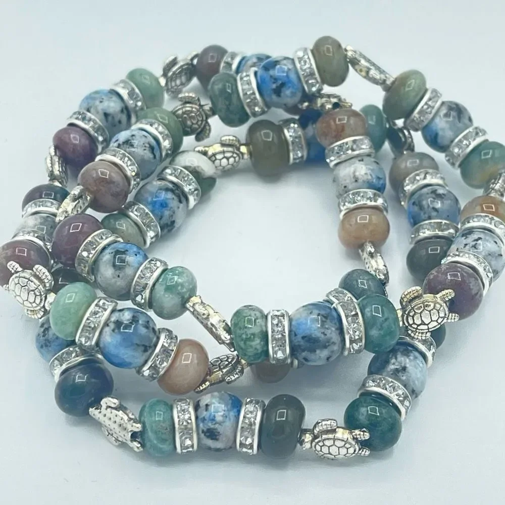 Sea Turtle India agate K2 beaded stretch bracelet ONE NEW crystal reiki yoga med